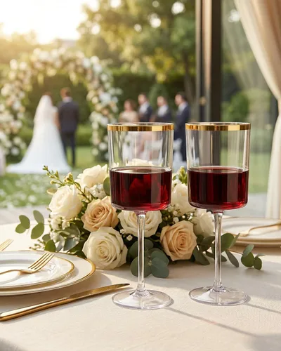 Miniatura 4 de Ciaell Paquete de 12 copas de vino de plástico, copas de vino de plástico de 10 onzas con tallo - Vasos desechables con borde dorado para fiestas