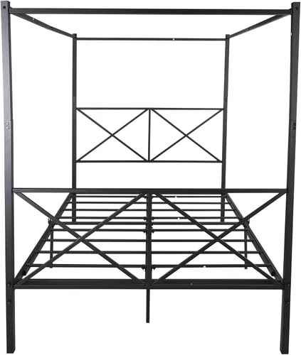 Miniatura 3 de Cama con dosel de metal, con plataforma de 4 postes de Coner con cabecera entrecruzada y estribo, tamaño Queen