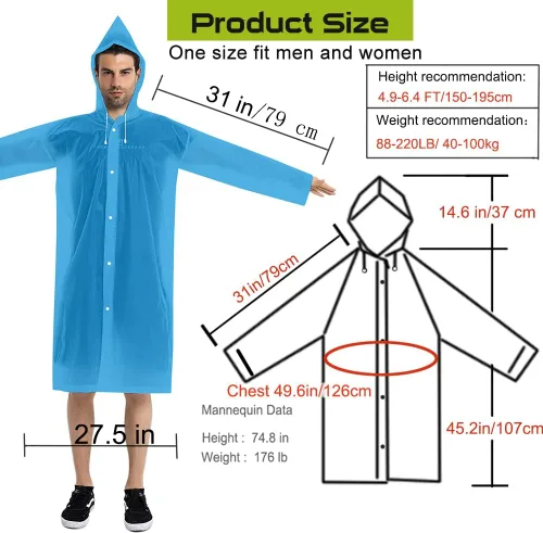Miniatura 41 de Abrigos de lluvia (paquete de 2) – Ponchos de lluvia reutilizables de EVA para adultos, chaquetas impermeables para hombres y mujeres