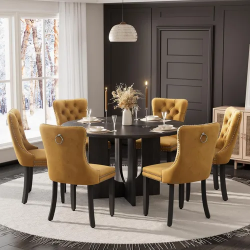 Miniatura 40 de Mesa de comedor redonda de 47 pulgadas para juego de mesa de cocina rústica de 6,7 piezas, mesa de comedor de granja, sillas negras de alta gama