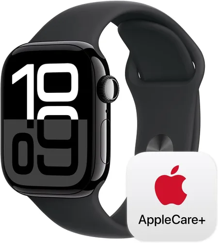 Apple Watch Series 10 (42 mm, GPS) con caja de aluminio negro azabache, correa deportiva negra, S/M monitor fitness, app ECG, pantalla Retina Caja