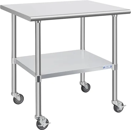 Miniatura 29 de Mesa de acero inoxidable para preparación y trabajo, con ruedas giratorias, mesa resistente, comercial NSF, con estante inferior y protector