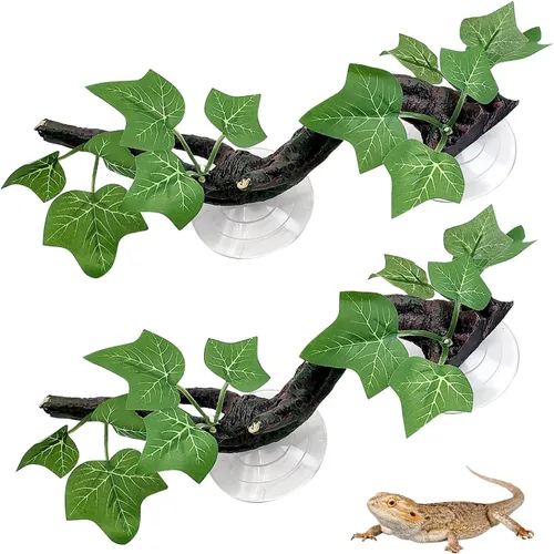 PINVNBY 2 piezas de decoración de plantas de terrario de rama de esquina de reptiles con ventosa de resina para anfibios, lagartos y serpientes