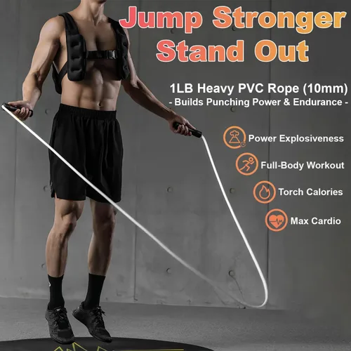 Miniatura 2 de Weighted Jump Rope, 1LB Tangle-Free Ball Bearing Rapid Speed Skipping Rope for Men Women, Adjustable 9mm Cotton & PVC Rope with Alum Handle for