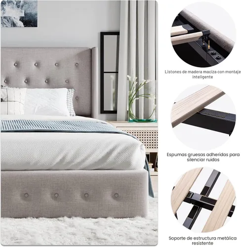 Miniatura 5 de SHA CERLIN Base de cama tamaño queen con almacenamiento elevado, cabecero abatible con botón, plataforma tapizada, almacenamiento hidráulico, Beige