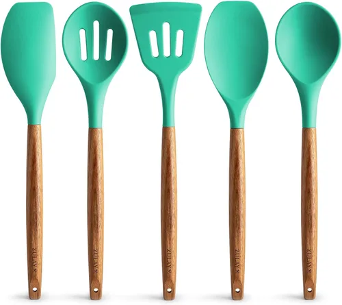 Miniatura 14 de Zulay Kitchen Juego de utensilios de cocina antiadherentes con auténticas asas de madera de acacia, juego de utensilios de cocina de silicona Sky