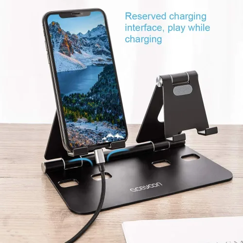 Miniatura 6 de aceyoon Soporte ajustable para tableta, soporte para iPad/teléfono celular para escritorio, soporte de aleación de aluminio para 2 teléfonos o una