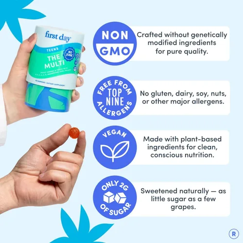 Miniatura 7 de FIRST DAY Vitaminas para Adolescentes - Multivitamínico para Niñas y Niños de 12 a 17 años, Mezcla Orgánica de Frutas y Vegetales - 12 Nutrientes
