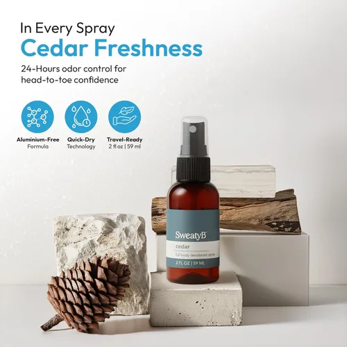 Miniatura 2 de SweatyB® Spray desodorante de cuerpo completo, no irritante, sensible a la piel, para mujeres y hombres, fabricado en Estados Unidos, cedro, 2