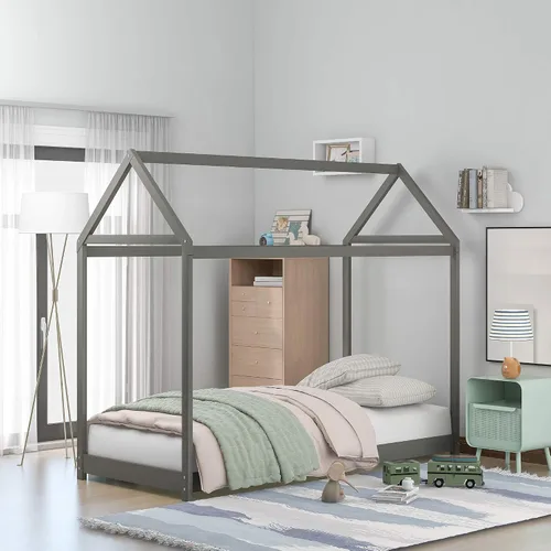 Miniatura 24 de Cama de metal de tamaño matrimonial con valla para niños, adolescentes, niñas, niños, cama de piso de casa, camas Montessori, se puede decorar marco