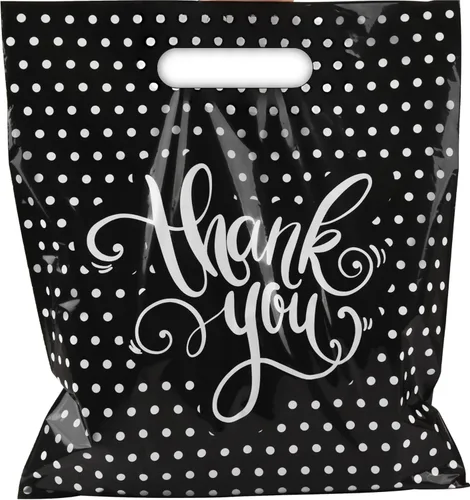 Bolsas de agradecimiento con asas (12 x 15 pulgadas), bolsas de compras de plástico negro de tamaño mediano para pequeñas empresas, boutiques y