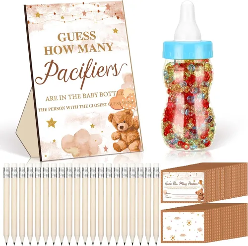 Miniatura 11 de Syhood Greenery Baby Shower Games Guess How Many Pacifiers Sage Game Signal, 50 pequeños juegos de adivinanzas, 20 lápices HB, botella de leche