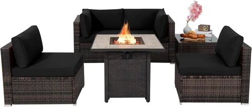 Tangkula Patiojoy Juego de sofá de ratán para exteriores de 6 piezas con mesa de fuego de gas propano de 30 pulgadas, mesa de cerámica para fuego,
