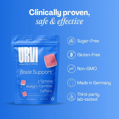 Miniatura 4 de URVI® Gomitas cerebrales – L-tirosina, acetil-L-carnitina, cafeína, L metil folato (Quatrefolic® 5-MTHF), vitamina B12 y yodo – Aumenta la energía