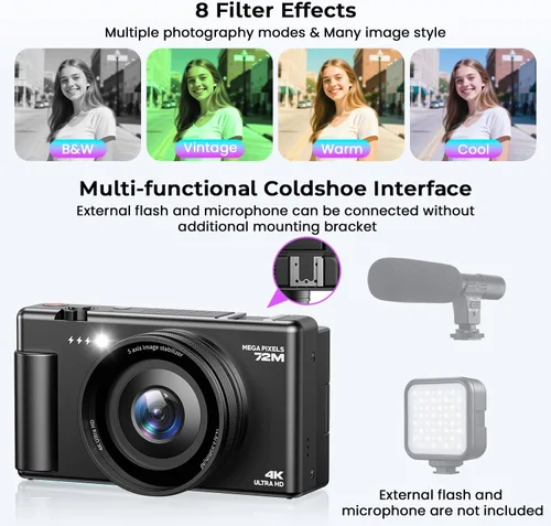 Miniatura 6 de Cámara Digital 4K para Fotografía, Cámaras de Vlogging de 72MP con Enfoque Automático para YouTube con Tarjeta SD de 64GB y Batería, Zoom Digital