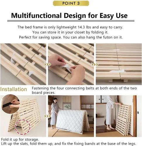 Miniatura 7 de EMOOR Cama de madera con listones de media pliegue tamaño Queen (63 x 78.7 pulgadas) para colchón de futón japonés Franco-Tower, Paulownia sin