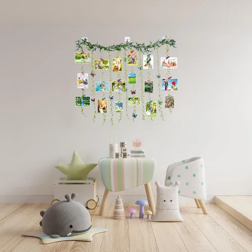Miniatura 7 de Expositor de fotos para colgar en la pared con clip, juego de collage de marcos de fotos de hojas de árbol de vid artificiales con 40 clips y 8