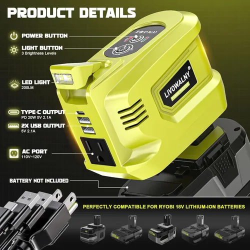 Miniatura 3 de Inversor de potencia real de 200W compatible con Ryobi 18V, inversor de batería DC 18V a AC 110-120V, generador de estación de energía LIVOWALNY