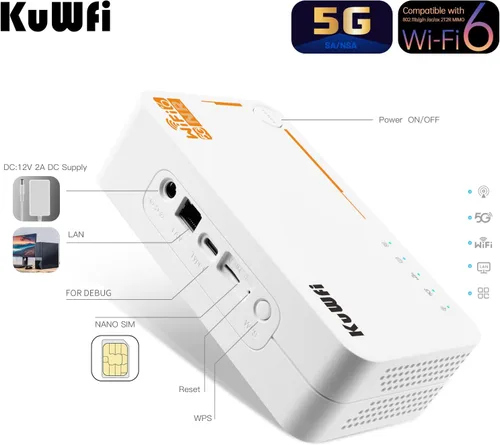 Miniatura 3 de KuWFi Router 0.18 oz con ranura para tarjeta SIM desbloqueada, AX3600 WiFi-6 módem con ranura para tarjeta SIM, NR NSA/SA 5G NR SA NSA AX3000 WiFi 6