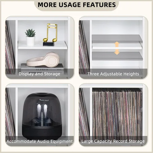 Miniatura 4 de LELELINKY Soporte para tocadiscos, mesa de almacenamiento de discos de vinilo con 4 gabinetes de hasta 120 álbumes, soporte para tocadiscos de Blanco