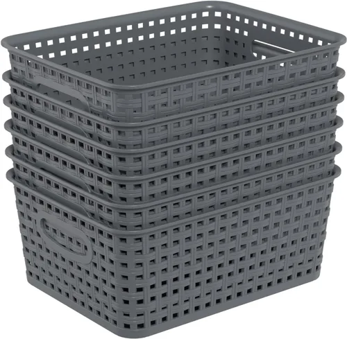 Paquete de 6 cestas de almacenamiento de tejido de plástico, contenedores organizadores tejidos grises | Para despensa, cocina, gabinete, estante,