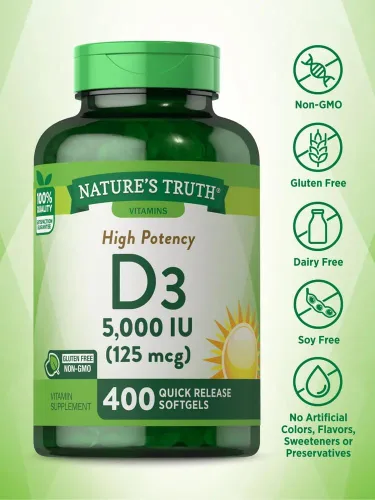 Miniatura 3 de Nature's Truth Vitamina D3 5000 UI cápsulas blandas 400 unidades Alta potencia Suplemento sin OMG y sin gluten