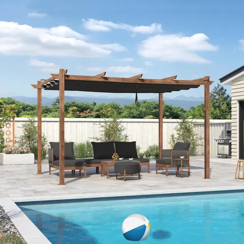 Miniatura 27 de PURPLE LEAF Pérgola retráctil para exteriores de 10 x 10 pies con toldo, refugio de metal para patio, jardín, pabellón, marco de grano de madera