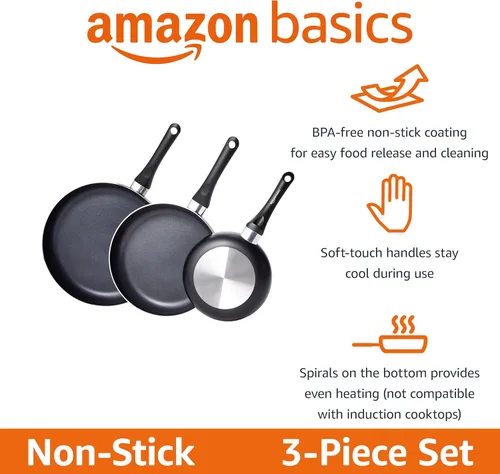 Miniatura 2 de Amazon Basics Juego de utensilios de cocina antiadherentes de 3 piezas, incluye sartén de 8 pulgadas, 10 pulgadas, 12 pulgadas, color negro