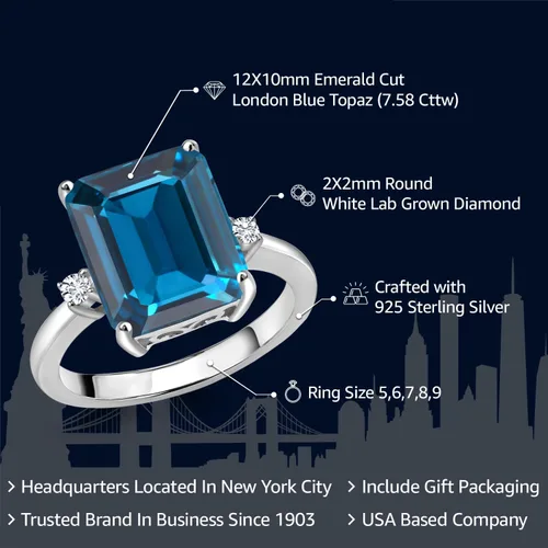 Miniatura 17 de Gem Stone King 5-7 Cttw Gemstone Birthstone and White Lab Grown Diamond 3-Stone Engagement Ring 925 Sterling Silver Center Emerald Cut 12X10MM