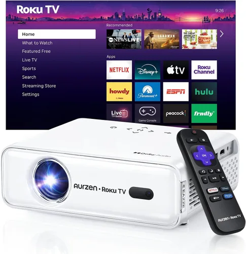 Aurzen Proyector inteligente Roku TV con Wifi y Bluetooth, experiencia de transmisión Roku incorporada, 1080P FHD, audio Dolby, enfoque automático y