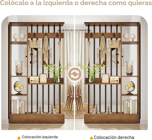 Miniatura 5 de Tribesigns Divisor de pared de habitación, estantería independiente de madera con estantes y ganchos para abrigos, partición de pared moderna de 71
