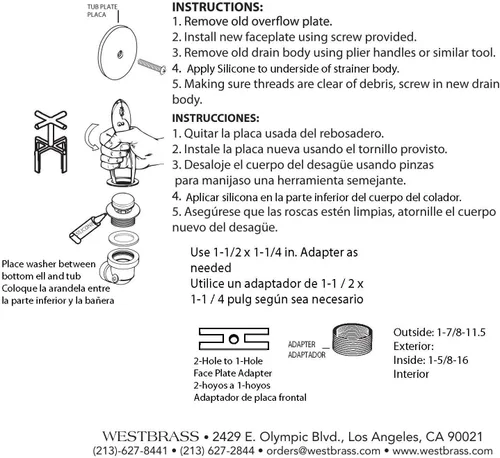 Miniatura 8 de Westbrass D931K-26 Juego de tapones de drenaje universales de 1-3/8 pulgadas con punta de punta fina de 1-3/8 pulgadas con placa frontal de Cromo