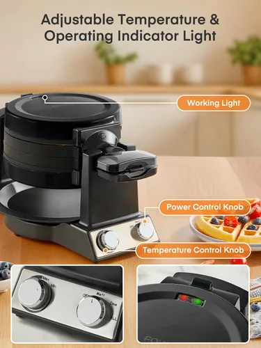 Miniatura 6 de FOHERE Máquina de tortilla y wafflera 2 en 1, máquina para hacer gofres de tortilla de 1400 W, giro de 180°, control de tostado ajustable, sartenes