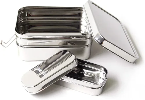 Miniatura 3 de Ecolunchbox Caja Bento de acero inoxidable tres en uno, 2 niveles, contenedor para aperitivos, tamaño gigante, capacidad para 8 tazas de alimentos