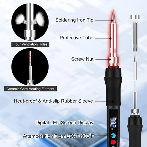 Miniatura 2 de Kit de soldador, pistola de soldadura de 100 W con pantalla digital LED, temperatura ajustable 356-932℉ Kit de soldadura para electrónica, incluye