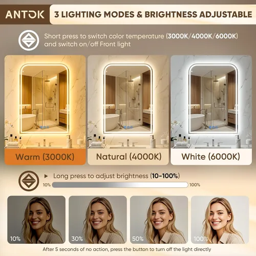 Miniatura 6 de Antok Espejo LED de baño, espejo LED con luces para baño, espejos de tocador iluminados para pared, antivaho, regulable, vidrio templado, función