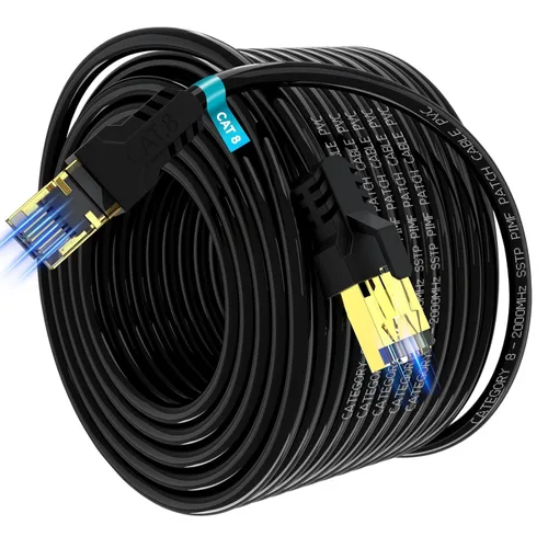 Cable Ethernet Cat 8 de 150 pies, 40 Gbps, 2000 Mhz, 26 AWG, conector RJ45 chapado en oro, para exteriores e interiores,