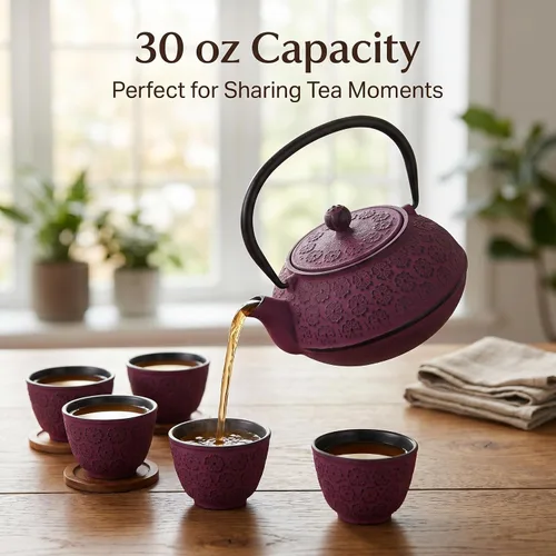 Miniatura 8 de Tetera de hierro fundido de 30 onzas, forro esmaltado con infusor de metal, tetera de té, morado