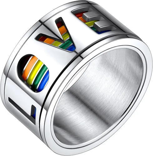 FaithHeart Anillos para ansiedad LGBT Pride Rainbow, acero inoxidable/chapado en oro de 18 quilates, joyería de amor es amor para hombres y mujeres
