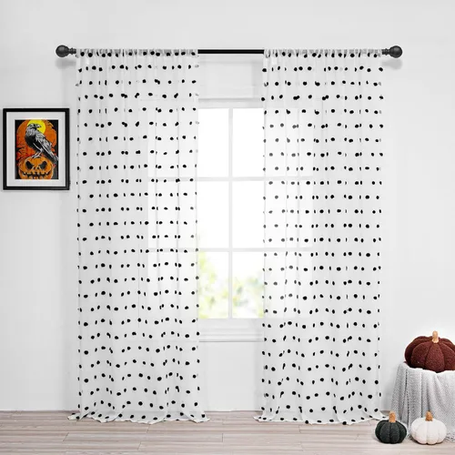 Miniatura 2 de MYSKY HOME Cortinas de 95 pulgadas de largo para puerta corredera, cortinas traslúcidas con pompones negros para sala de estar o dormitorio, 2 Pom