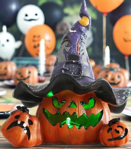 Miniatura 6 de Hodao Decoraciones de calabaza de Halloween con luz, sombrero de bruja hecho a mano, adornos de calabaza para decoración de Halloween, decoración
