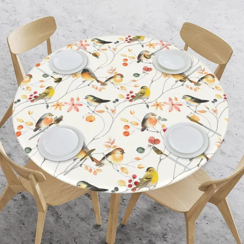 WOAIDY Mantel ajustable redondo elástico, diseño de pájaro, tela de poliéster elástica para cocina, decoración de fiesta de comedor, funda de mesa 4