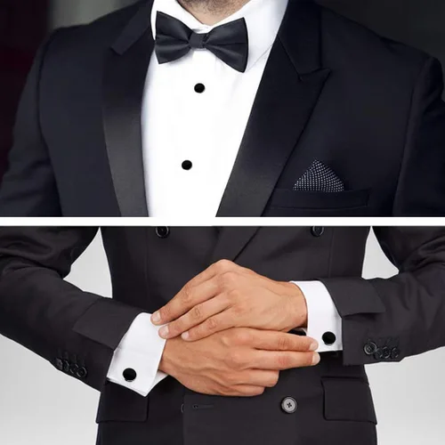 Miniatura 6 de Juego de tachuelas y gemelos de esmoquin de color negro y plateado juego de gemelos y aretes para hombre con eslabones de acero inoxidable botones