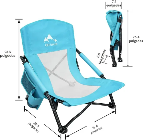 Miniatura 2 de Oileus Silla de playa baja para tienda de campaña/refugio/campamento/al aire libre/mochilero al aire libre, sillas reclinables plegables con soporte