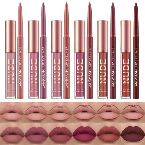 URQT Juego de 12 delineadores de labios y lápiz labial, 6 lápices labiales líquidos mate aterciopelados + 6 delineadores de labios suaves a juego,