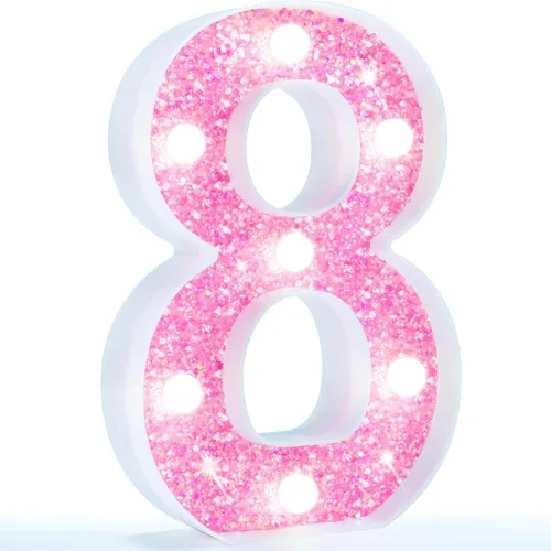 Miniatura 33 de Pooqla Luces de números de marquesina, números de luz rosa para niñas de 10.º cumpleaños, funciona con pilas, luz nocturna de número con purpurina