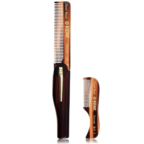 Miniatura 12 de Kent Peine plegable de dientes finos hecho a mano 20T + peine de bolsillo hecho a mano 81T para barba y bigote, crecimiento de barba/peines