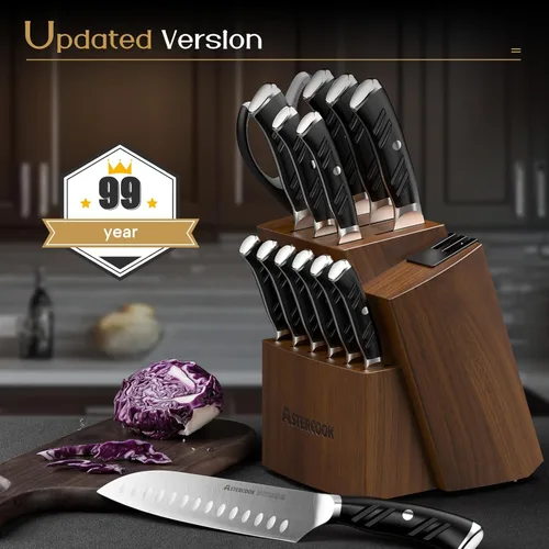 Miniatura 9 de Astercook Juego de cuchillos de cocina con bloque y afilador doble, 15 cuchillos de acero inoxidable alemán de hoja afilada, aptos para Premium