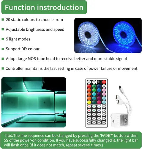 Miniatura 9 de RGBZONE Controlador LED RGB de 4 pines, controlador LED de bajo voltaje de 2 puertos, control remoto inalámbrico IR de 44 teclas, luces de tira LED