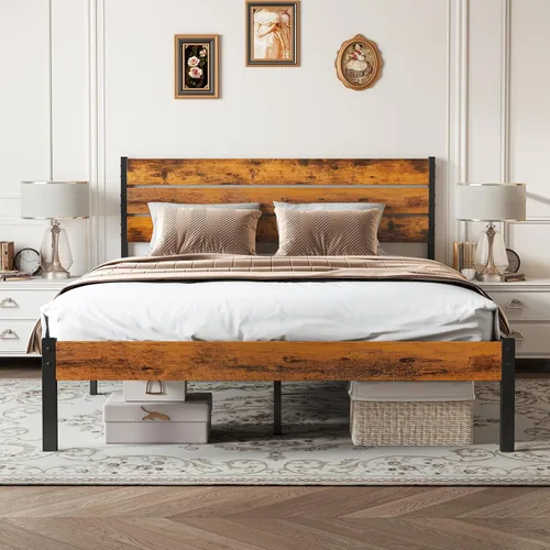 OLIXIS Full Size Platform Bed Frame with Wooden Headboard and Footboard, Heavy Duty Metal Slat Mattress Base, 800 LBS Weight Capacity, Sturdy Stable
